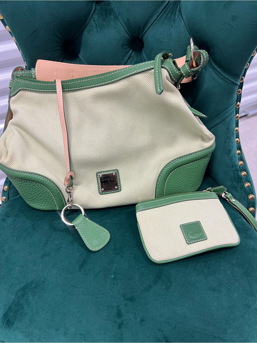 Dooney & Bourke Green and Cream Canvas Shoulder Bag with Matching Pouch